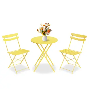 Space-Saving 3-Piece Collapsible Patio Bistro Set – Metal Table & 2 Folding Chairs – Compact Outdoor/Indoor Furniture for Balcony Garden Yard Small Spaces