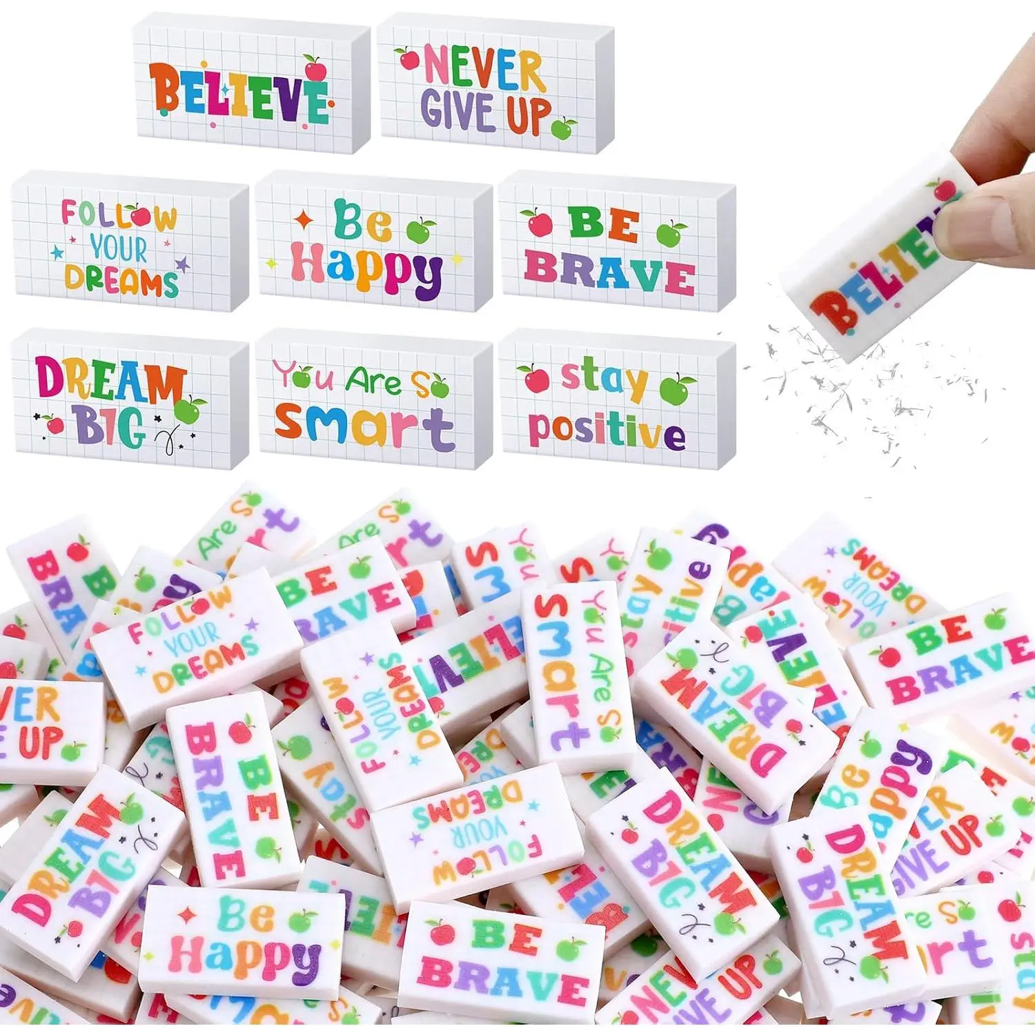100 count Inspirational Pencil Erasers Bulk for  Fun Motivational Eraser School Supplies  to School Office Supplies for Classroom Office Teacher Artists (Lovely)