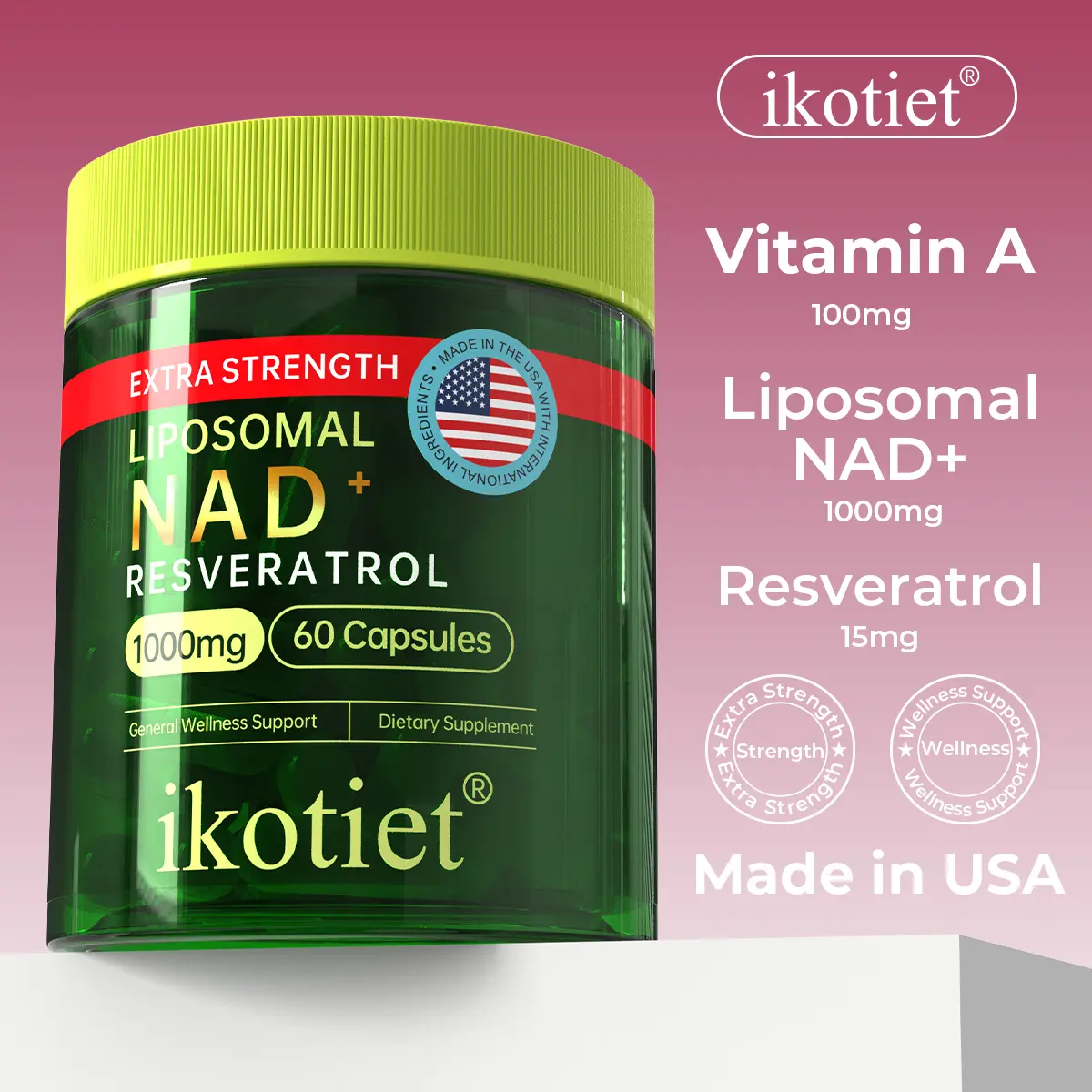 IKOTIET High-Potency NAD+ Supplement (1000mg) — With Resveratrol Complex | Dietary Vitamin — Supports Cellular Health, Metabolism, and Brain Fog Relief — Ideal for High-Pressure Professionals (60 Vegetarian Capsules)