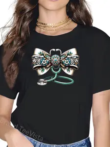 100% Cotton Coquette Bow Stethoscope Western Teal Turquoise RN Nurse T-Shirt