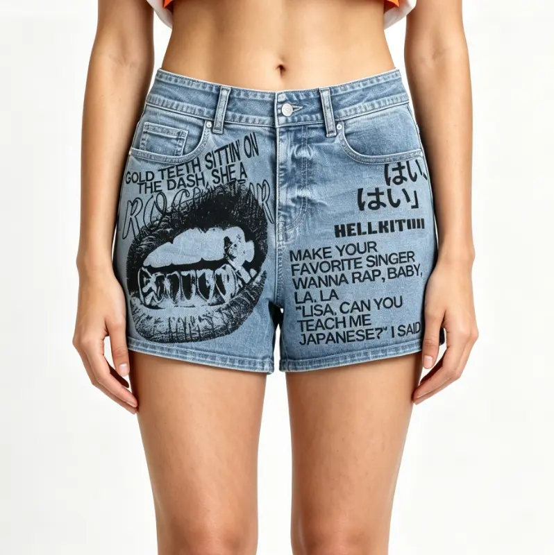 Hip Hop Gold Teeth Mouth Lyrics DTG Direct Print Denim Shorts, Punk Rockstar Japanese Text Streetwear High Waist Shorts