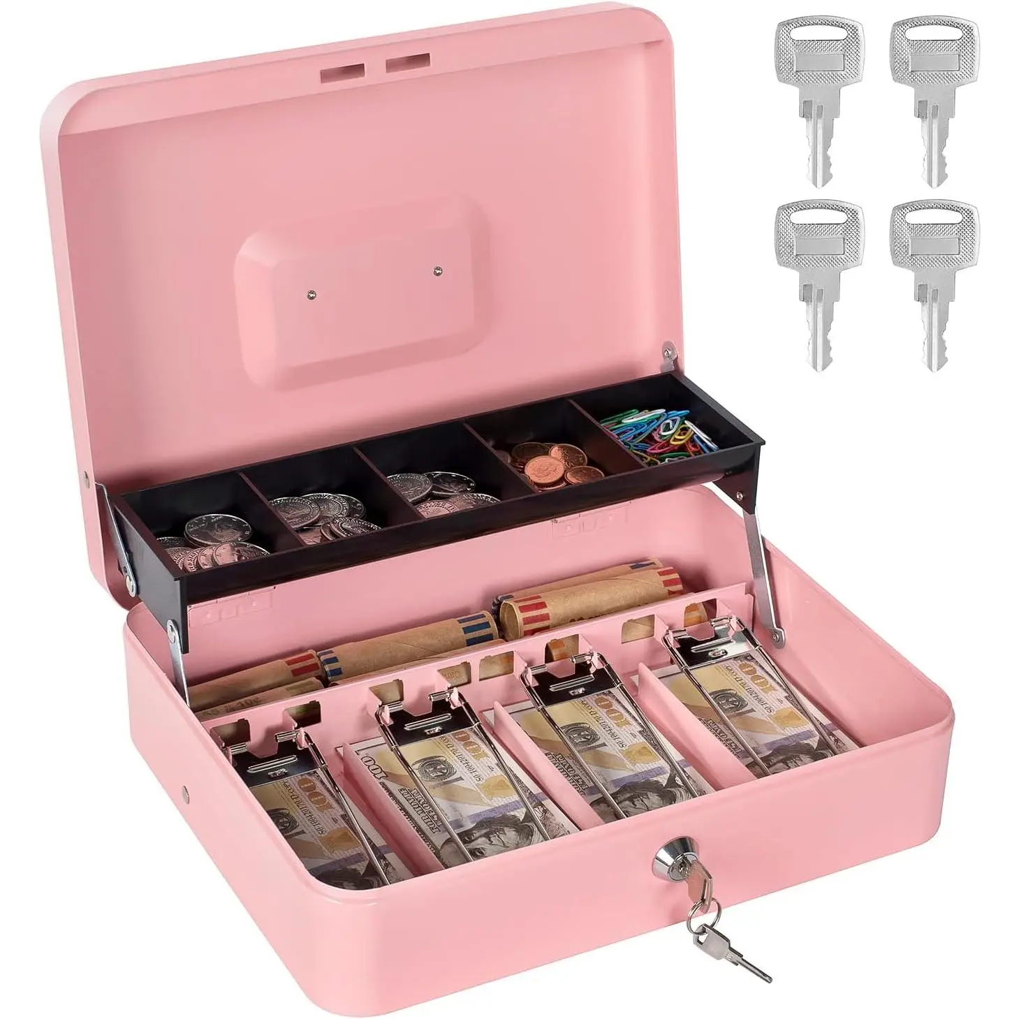 Box with  Tray and Lock, Metal  Box for  Register, Large  Lock Box for  Safe Includes 5 Slots  Tray, 4 Bill Slots, 4 , 11.8" x 9.4" x 3.54"