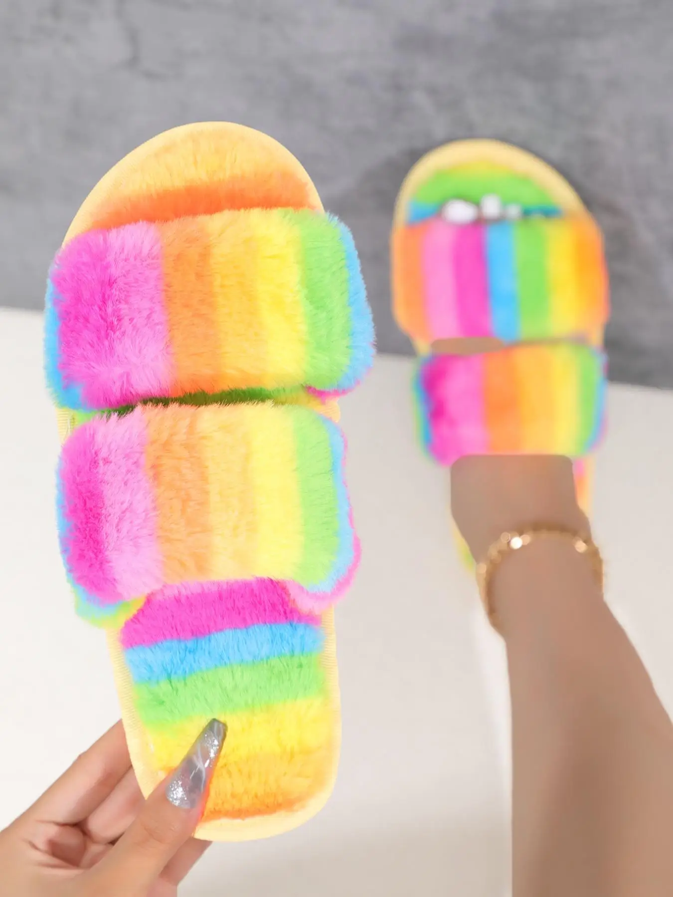 Women's 2024 Novelty Rainbow Colorful Fluffy Slippers, Comfort Minimalist Footwear, Slide Shoes, Girls Flipflop, Casual Matching New Trendy Soft Comfy