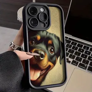 Rottweiler Puppy Cute Tongue Out Retro Oil Painting Texture-Themed Phone Case, High Quality Protective Phone Case Accessories, Suitable for iPhone 17/16/15/14/13/12/11 Pro, Plus, Pro Max, Mini, X, XS,XSMAX, XR and Other Series, Shockproof, Lightweight
