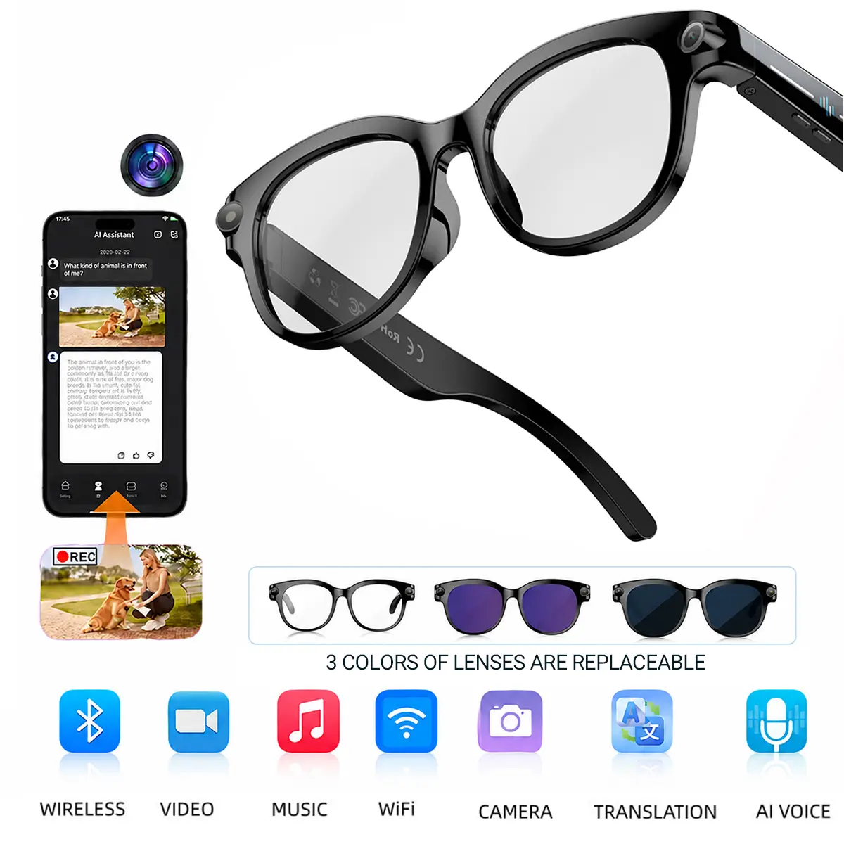 2026 New Smart Sunglasses with Camera - 8MP Photo & Video  AI Voice Assistant & Translation. Interchangeable Lenses. Perfect Gift