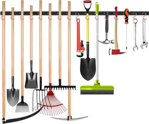 All Metal 64 Inch Wall Mount Garden Tool Organizer for Garage, Mop and Broom Holder, Yard Tool Storage Rack for Rake, Shovel, Spade, Mop, Broom(4 Rails, 16 Hooks)