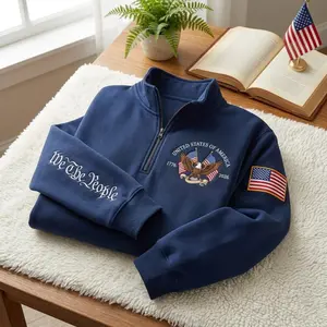 Embroidered USA Anniversary Quarter Zip Sweatshirt, We The People Crewneck, USA Flag Patch Shirt, Patriotic Gift