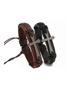 Leather Engraved Cross Bracelets, Black and Brown 'The Lord's Prayer' Bracelet