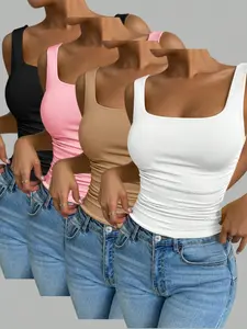 New Fashion Women's Slim Fit Versatile Casual Comfort Square Neck Tank Top Vest Set, 4 Piece Set, Fitted Style, Plain Pattern, Basic