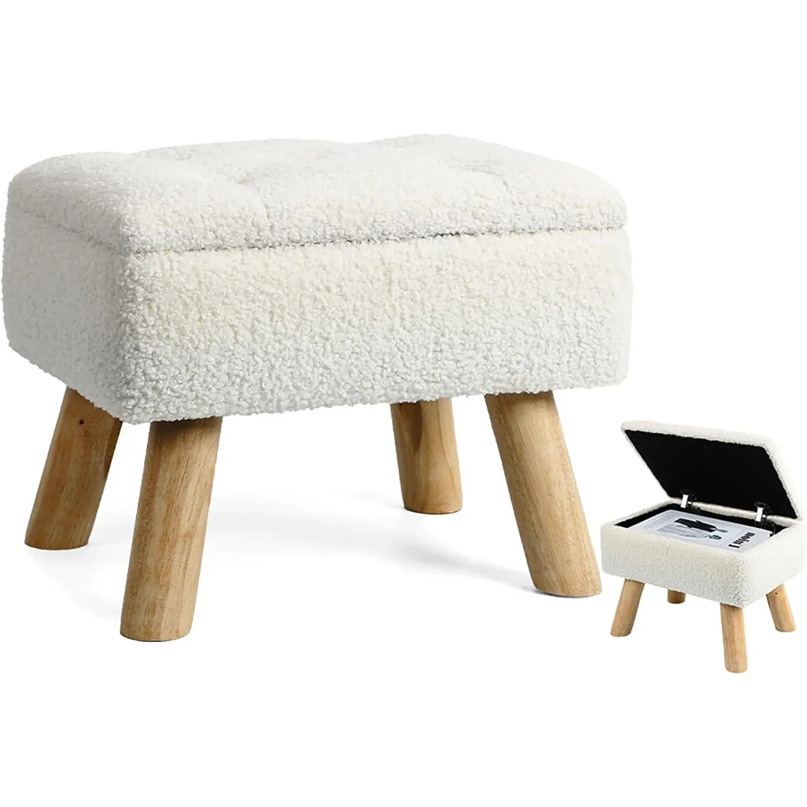 Small Foot Stool Ottoman with Storage, Boucle Teddy Velvet Foot Rest with Padded Seat, Sturdy Wood Legs Stool for Living Room, Bedroom, Couch, Enterway
