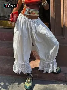 Women's Linen Pants, Bohemian Style Loose Fit, Lace Trim Floral Details Elastic Waistband Beach Casual Summer Vacation Wear