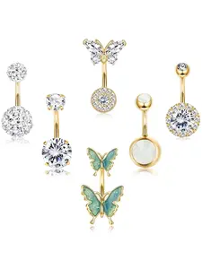 6 Piece Belly Ring Set for Women, Stainless Steel Punk Style, Plain Design, All Seasons, Fashionable Umbilical Jewelry