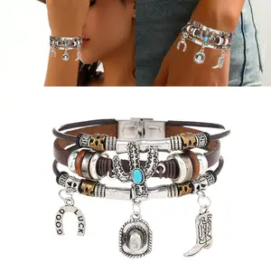 1 Pcs Turquoise Bracelet for Women Men Leather Bracelet Western Jewelry for Unisex Multilayer Boho Cuff Bangle Set, Leather Straps, Daily Jewelry Wear Gift