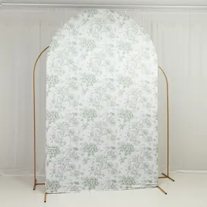 8ft Fitted Spandex Chiara Backdrop Cover – French Toile Dusty Sage Green & White Floral Arch Slipcover for Round Top Wedding Stand
