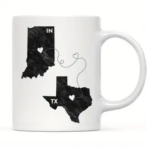 1pc 11oz Ceramics Coffee Mug Black and White - Texas & Indiana Design, Long Distance Relationship Gift, Graduation College Keepsake