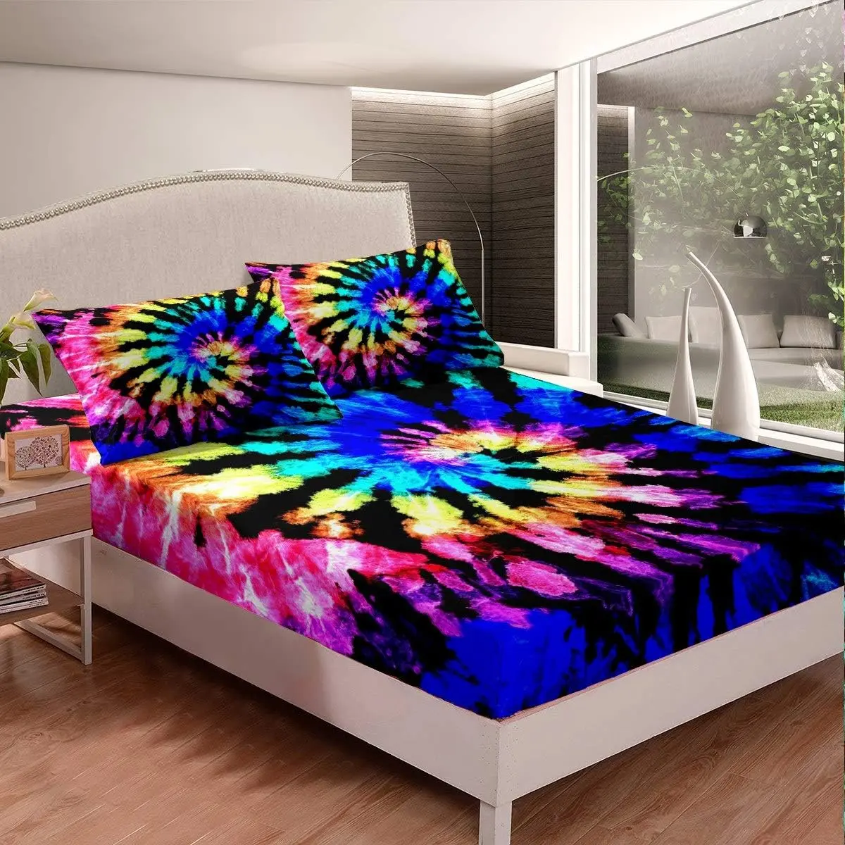 Feelyou Boho-Style Tie-Dye Fitted Sheet Set - Artistic, Printed, Stretchable, Psychedelic Rainbow Bedding, Trippy Gypsy Bed Cover, Available in Twin, Full, Queen Sizes, Artistic Fitted Sheets, Printed Fitted Sheets