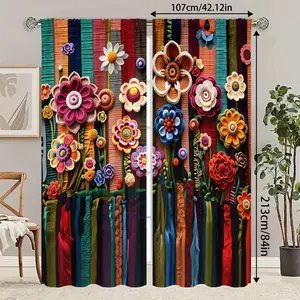2 Piece Printed Curtains, Multi-Color Patchwork Design, Rod Pocket, Easy to Hang, Vibrant Semi-Transparent Privacy Curtains