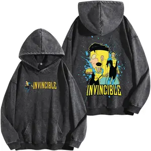 Superstyle Limited Mark Grayson Style Invincible War Washed Hoodie Comic Double Printed Oversize Lightweight Acid Washed Tee TV Series Graphic Tee T-Shirt