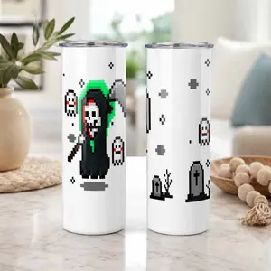 Pixel Reaper Slim Tumbler 20oz  Cute 8bit Ghostly Scythe Pattern  Double Wall Vacuum Insulated Stainless Steel Cup  Perfect for Halloween Parties  Daily Office Hydration  Cozy Home Gaming Night Decor  Ideal Gift for Retro Tech Lovers.
