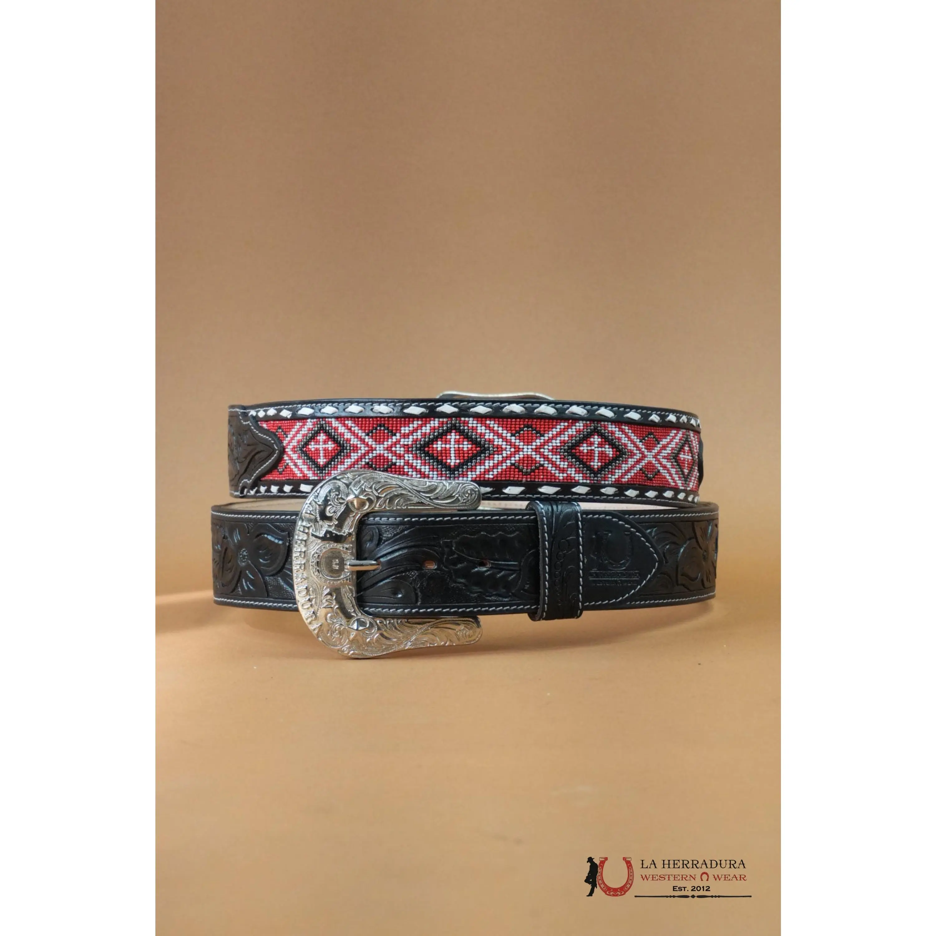 LA HERRADURA AZTEC RED HANDTOOLED 2 INCH BELT