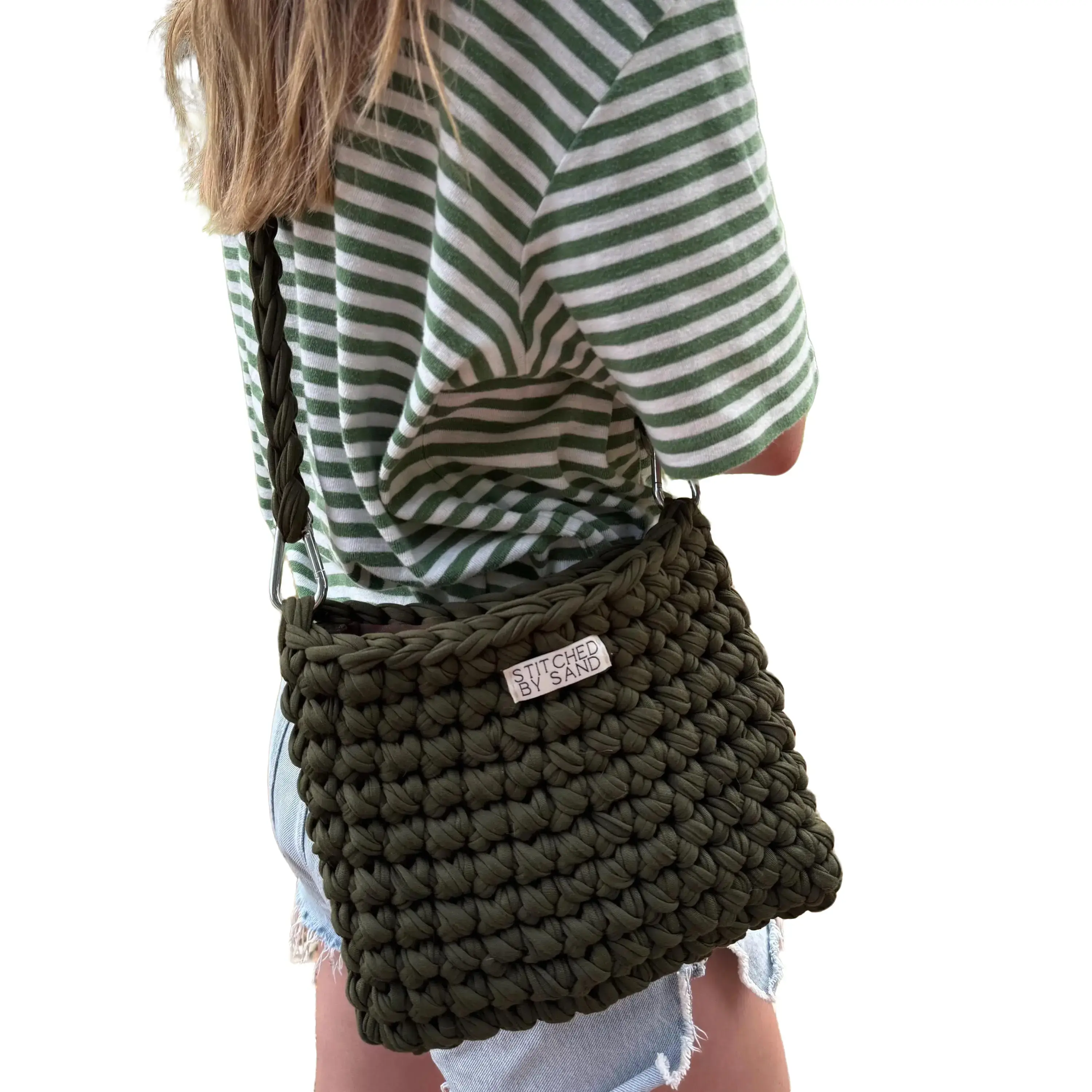 Handmade Olive Green Crochet Crossbody Bag with Carabiner Strap, Dark Brown Lining & Silver Magnetic Snap – Chunky Knit Shoulder Purse