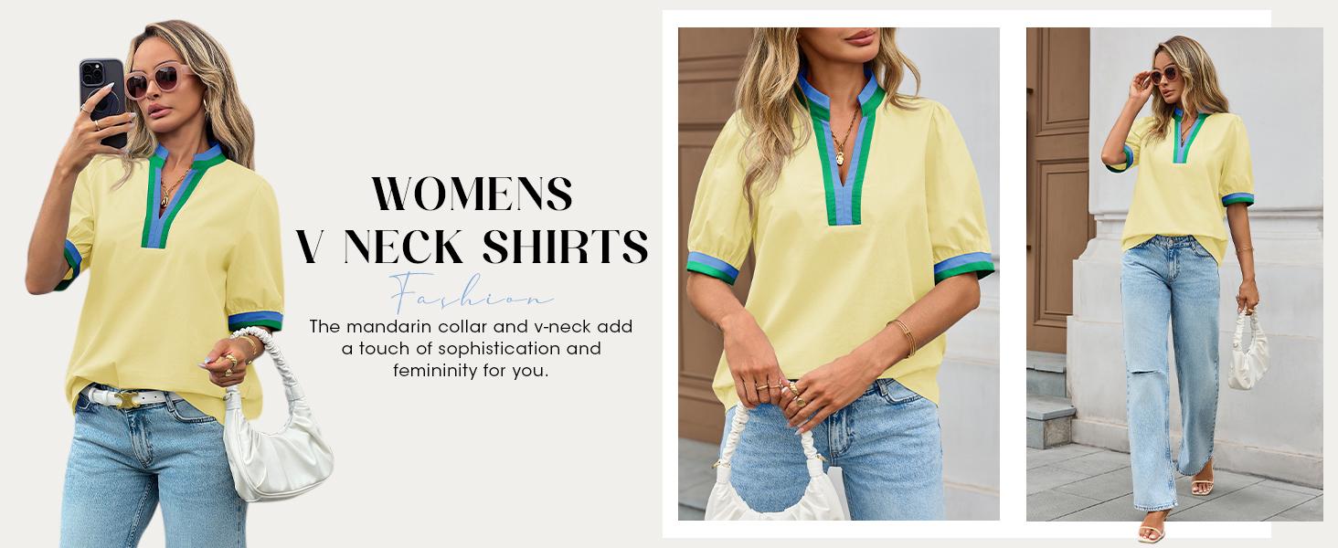 Tankaneo Women's Puff Sleeve  Blouse Tops Summer Dressy Casual V-Neck Shirts Color Block Loose Fit Tees