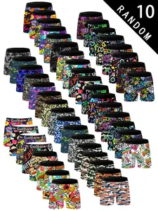 10 Randomly Selected Men's Underwear and Swim Shorts with Colorful Art Prints, Ideal for Daily and Beach Wear, Tight-Fitting Casual Style Clothing