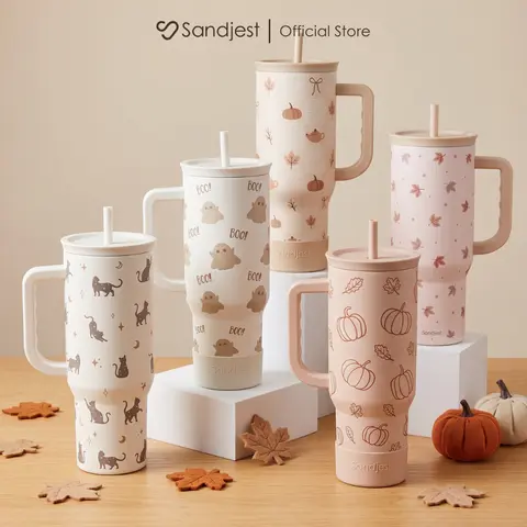 SANDJEST Halloween Boo Pumpkin 40oz Stainless Steel Slider Tumbler with Straw and Handle, Insulated Large Capacity Cup, Cup Holder Friendly, Gift for Her Women Cozy Fall