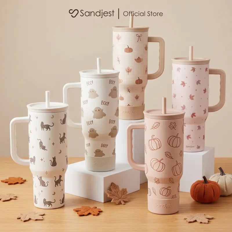 SANDJEST Halloween Boo Pumpkin 40oz Stainless Steel Slider Tumbler with Straw and Handle, Insulated Large Capacity Cup, Cup Holder Friendly, Gift for Her Women Cozy Fall