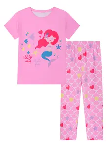 Girls' Mermaid Princess Pattern Short Sleeve Long Pants Pajama Set, Fitted Sleepwear, Cartoon Design, Home Clothing, 2 Piece Set