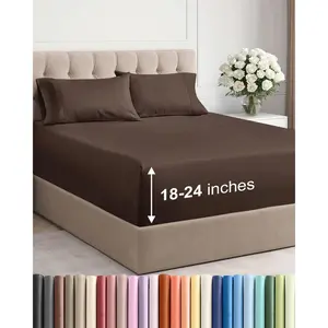 Extra Deep Queen Sheet Set 4 Piece Breathable & Cooling Bed Sheets Easily Fits 18 to 24 inch Mattress Ultra Soft Wrinkle & Fade Free w/ Extra Deep Pockets Comfy Hotel Luxury Bedding Brown