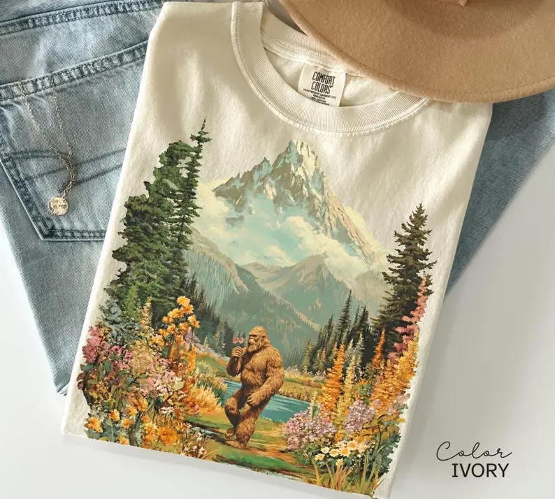 Bigfoot Retro Nature Shirt, Comfort Colors Sasquatch Graphic Tee, Vintage Americana Outdoor T-Shirt, Wildflower Nature Shirt, 90s Camping Aesthetic Apparel