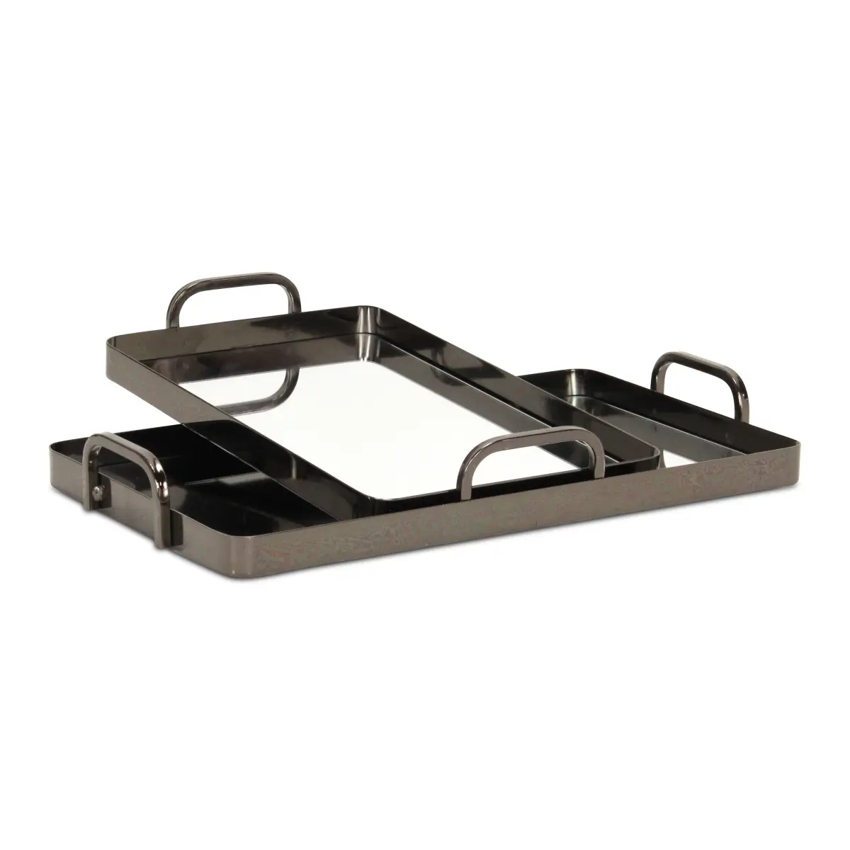 Cheungs 6096-2PW Nuvelle Small 100% Handmade Artisan Rectangular Mirrored Metal Nested Plates Set (2, Pewter), Fully Assembled, 7 lbs, Side Handles, Home Room Decor Kitchen Tableware Display Tray