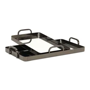Cheungs 6096-2PW Nuvelle Small 100% Handmade Artisan Metal Mirrored Plates Trays, Pewter, Fully Assembled Set of 2, Home Decor Tableware