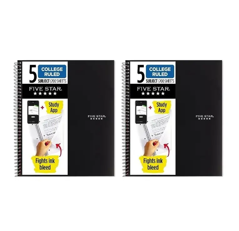 Pack of 2 Five Star Spiral Notebook + Study App, 5 Subject, College Ruled Paper, Fights Ink Bleed, Water Resistant Cover, 8-1/2" x 11", 200 Sheets, Black