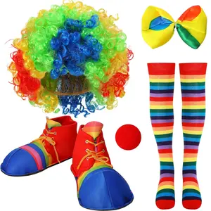 5 count Clown Costume Set Includes Clown Nose Bow Tie Wig Red Nose Big Shoes Striped Socks for Halloween Christmas Carnival Circus  Party(Small)