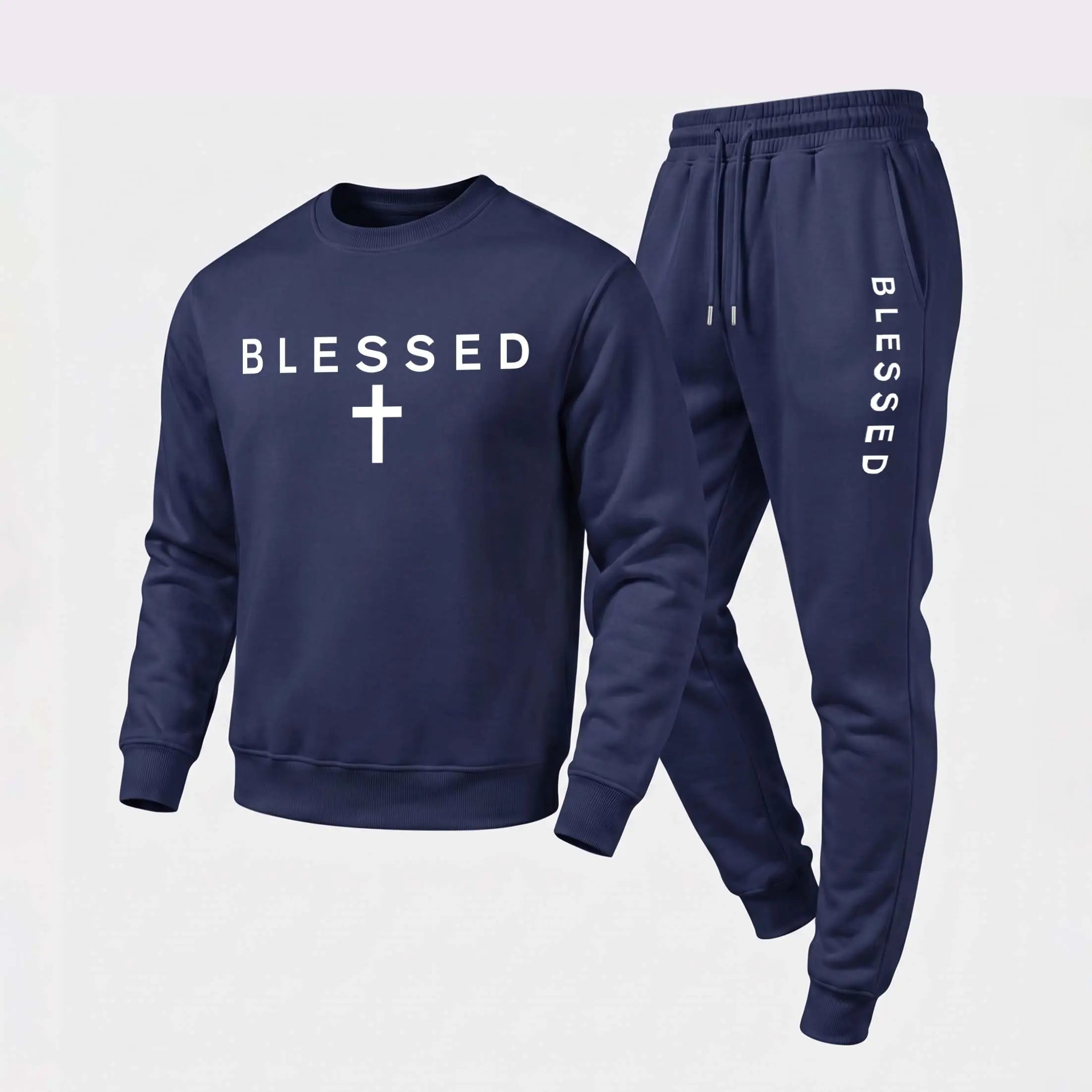 Men's "Blessed" Text And A Cross Graphic Crewneck Sweatshirt and Jogger Pants Set, Casual Long Sleeve Pullover with Drawstring Sweatpants, Fall Winter Tracksuit for Daily Wear, Travel, Lounge, Workout and Indoor Outdoor Activities