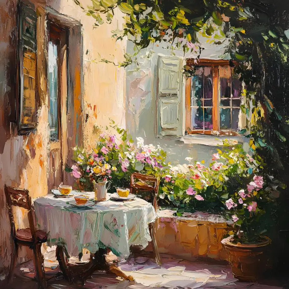 Framed Canvas Wall Art French Country Courtyard Impasto Oil Painting Textured Impressionist Floral Garden Canvas Prints Cozy Patio Afternoon Tea Scene Artwork for Living Room Bedroom Provence Impressionist Art Oil Painting: French Country Decor