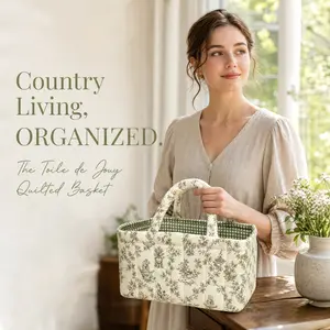 Rustic Floral Quilted Fabric Storage Basket, Handheld Multi-Functional Organizer, Cosmetics & Bathroom Essentials Tray, Outdoor Tableware Sorter