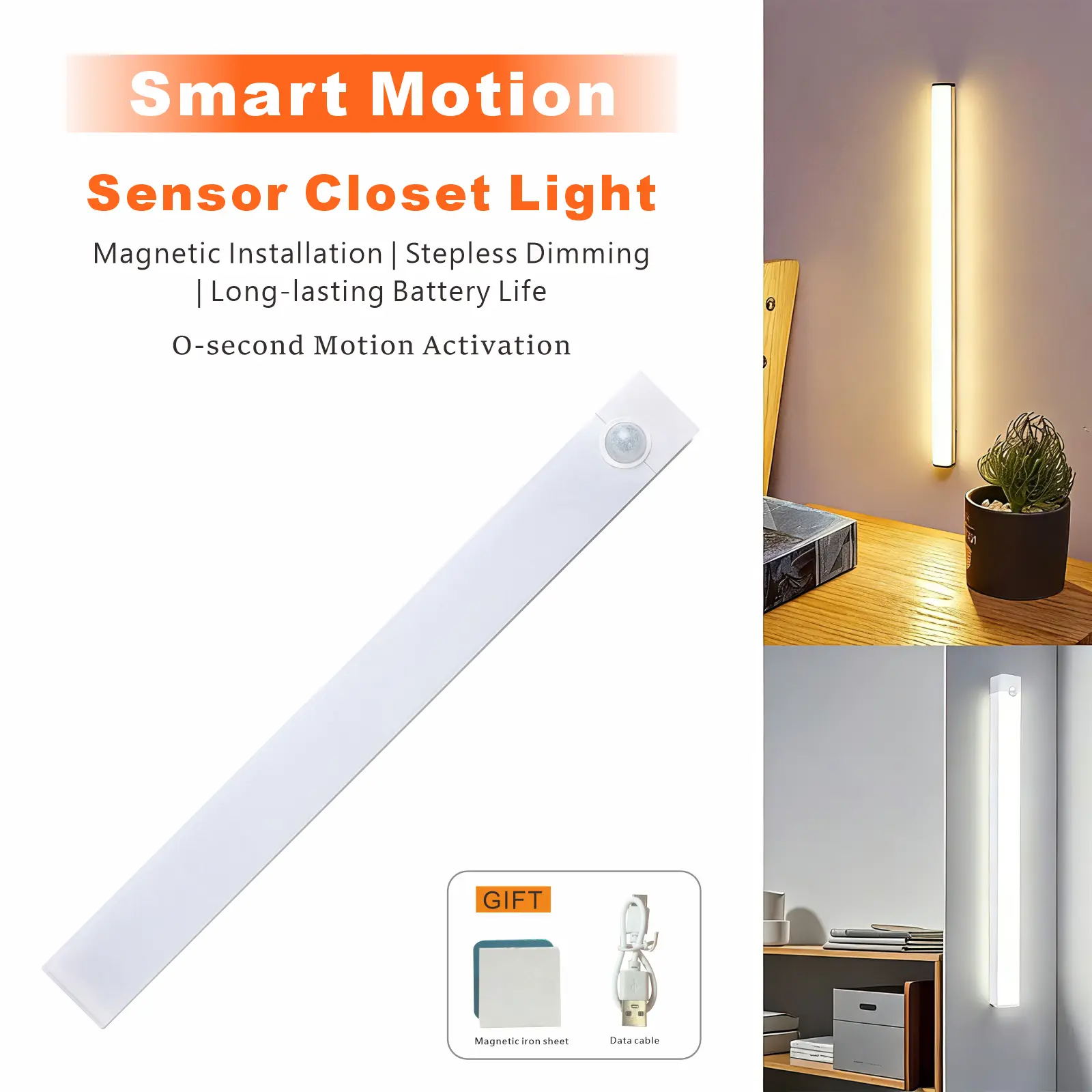 12-inch rechargeable motion-sensing light, three-color dimmable closet light, battery-powered, USB flash drive LED magnetic cabinet/table lamp for kitchens and staircases, automatic stair light