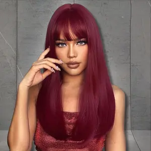 Live. Menglle Hair 99j Long Straight With Bangs Glueless Human Hair 13X4 Lace Front Wig Burgundy Silky Straight Lace Wig 180% DensityRed Wine Color#Outdoorfun#Summervibes