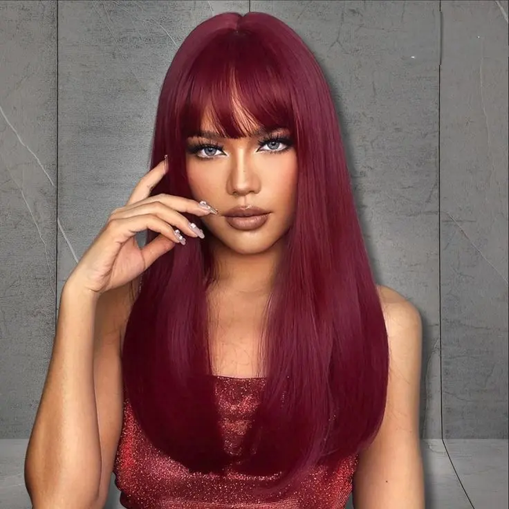 Live. Menglle Hair 99j Long Straight With Bangs Glueless Human Hair 13X4 Lace Front Wig Burgundy Silky Straight Lace Wig 180% DensityRed Wine Color#Outdoorfun#Summervibes