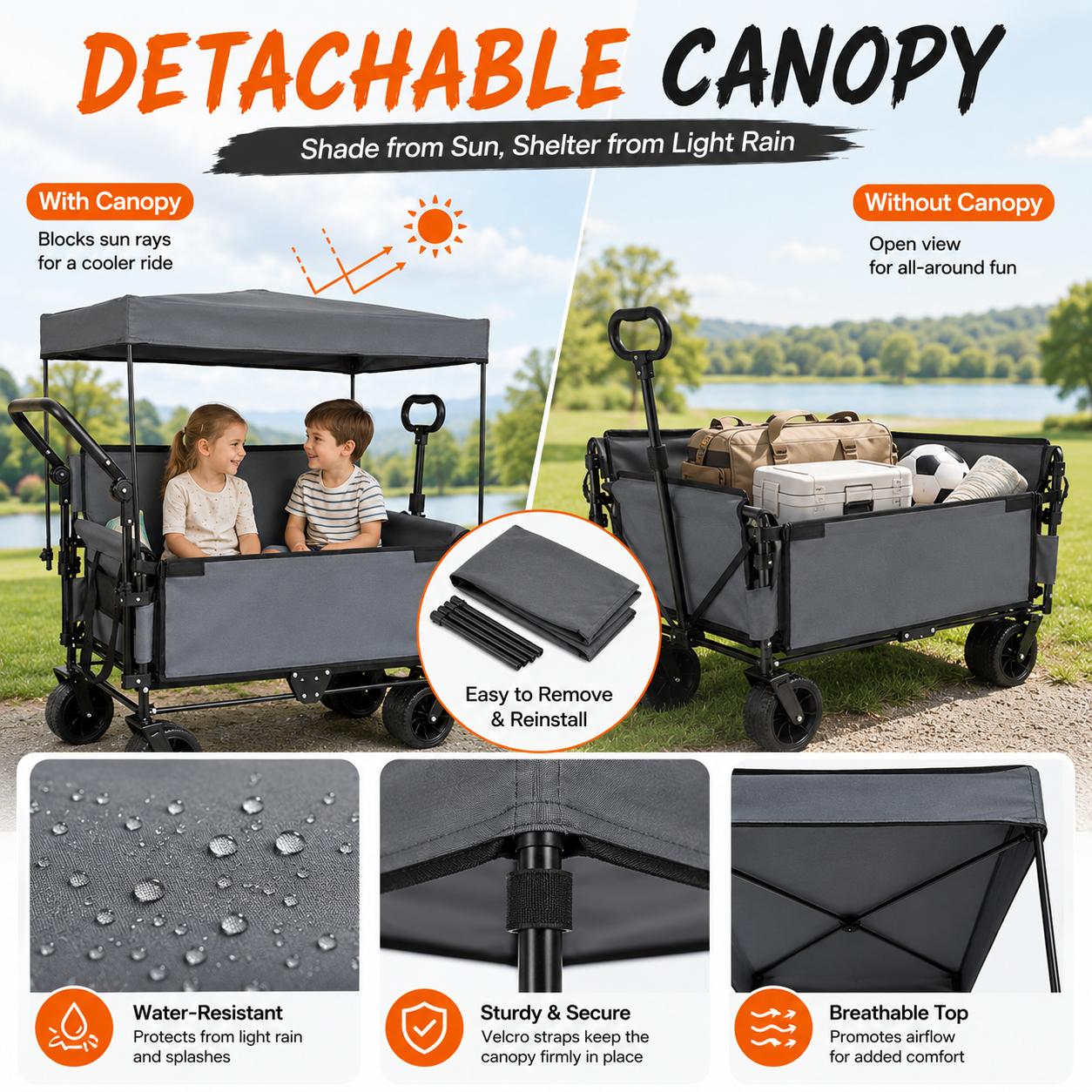3-in-1 Collapsible Utility Wagon with 180L Capacity, Steel Frame, Bench Seat, Removable Canopy, Brake System, 500lbs Load, All-Terrain Wheels for Garden Camping-0028 3-in-1 Collapsible Utility Wagon with 180L Capacity, Steel Frame, Bench Seat, Removable Canopy, Brake System, 500lbs Load, All-Terrain Wheels for Garden Camping-0028