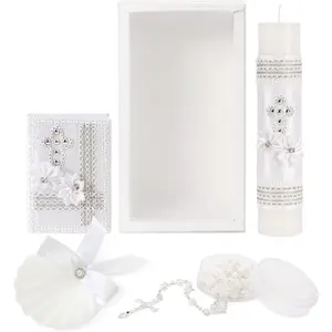 5 PCS Baptism Candle Set for Boys and Girls,White Baptism Kit Candle,Towel,Shell,Rosary &Bible for Baptismal Christening First Communion Gift,Velas para Bautizo De Niño Niña