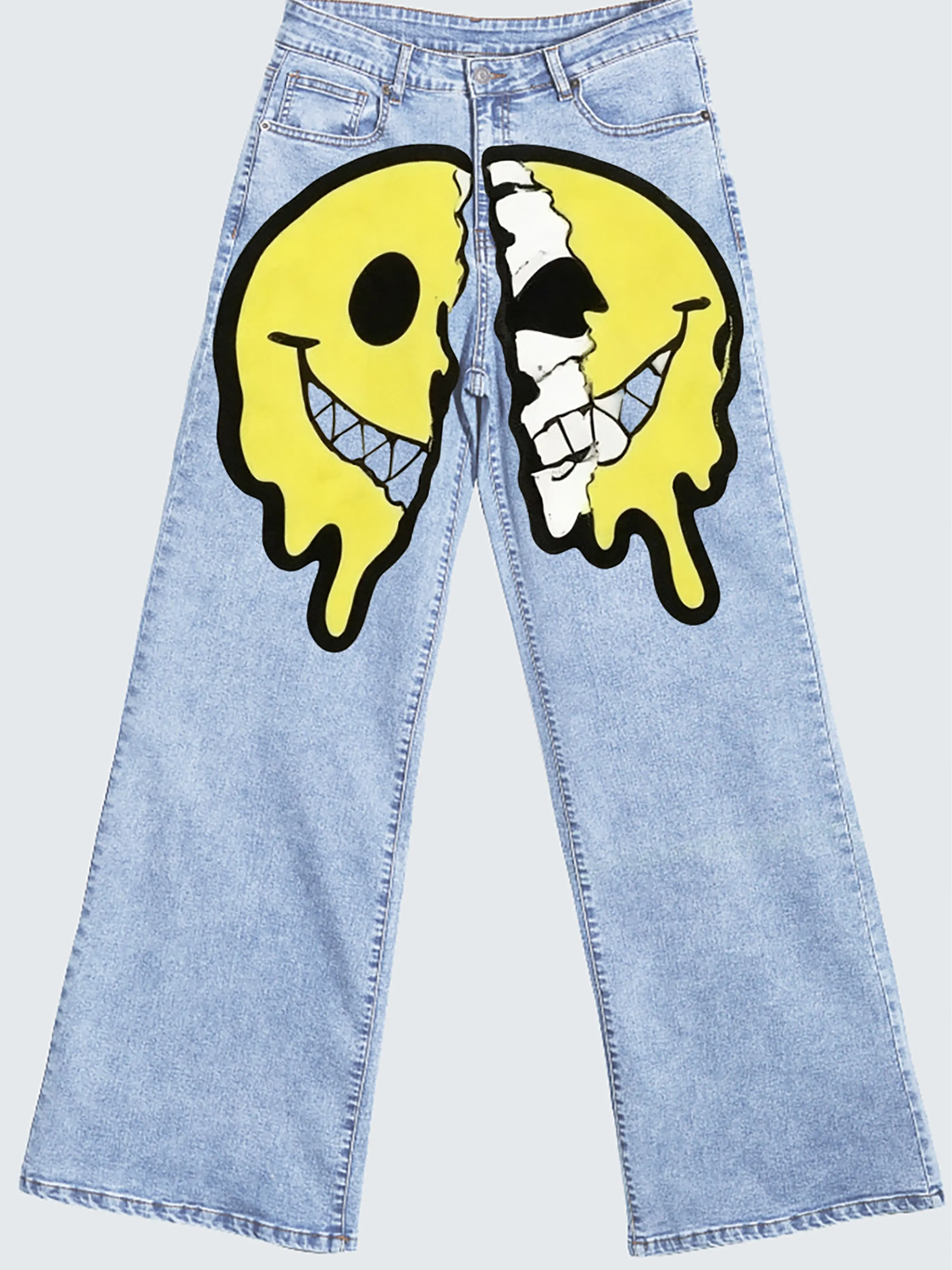 Edgy Split Drippy Yellow Skull Smiley Graphic Direct Ink Print High Rise Wide Leg Light Blue Washed Street Denim Pants