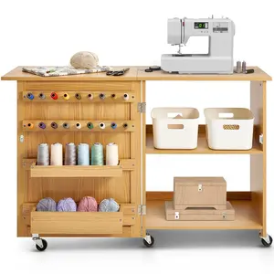 VEVOR Folding Sewing Table, Multipurpose Sewing Machine Table with Compact Design, Wheels, Shelves, Storage Trays, Wooden Pegs, and Magnetic Doors, Sewing Desk Cabinet for Sewing Machine, Wood Color