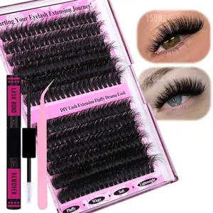 DIY Lash Extension Kit 240pcs Fluffy Thick Curl Eyelash Clusters, Lash Bond, Seal & Applicator Tool 150D+200D 14-20mm At Home Makeup