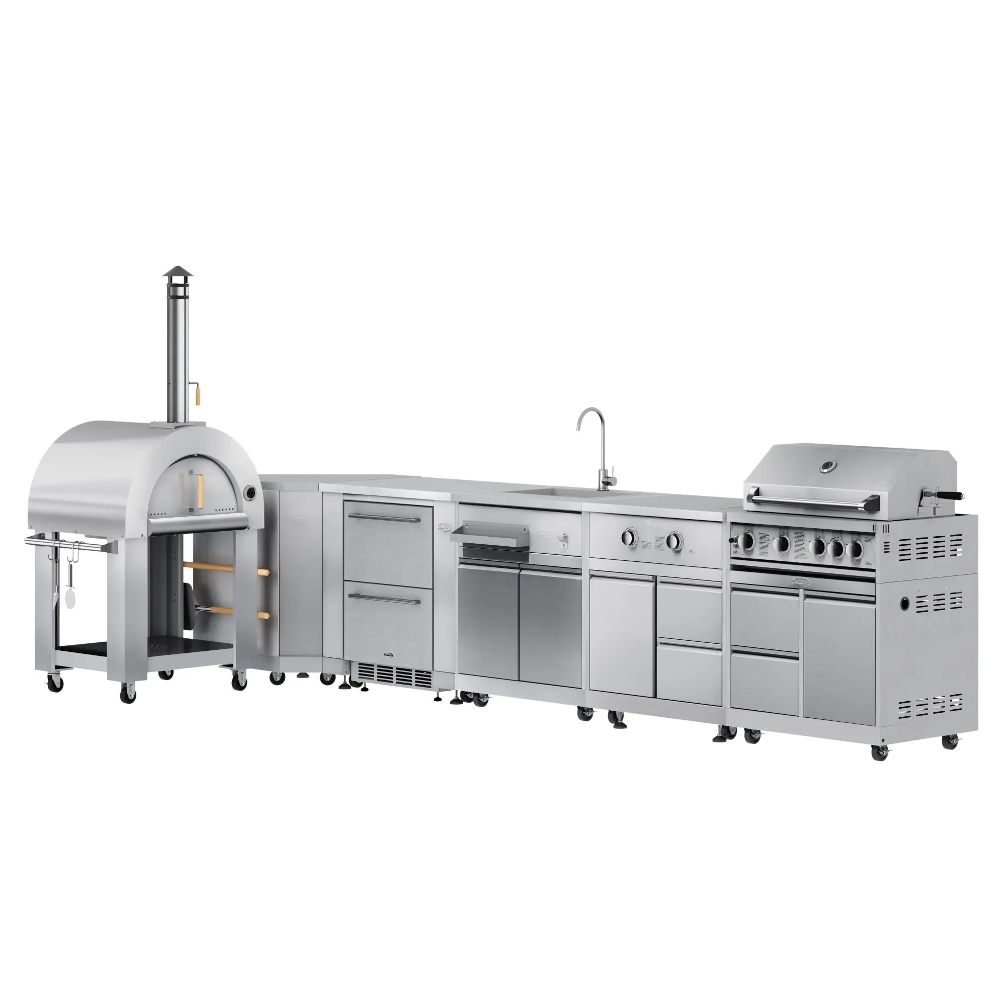 KoolMore Outdoor Kitchen Series Modular Kitchen with a Wood Fire Pizza Oven, Corner Cabinet, Refrigerator and Cabinet, Sink, Side Burner and 30 in. BBQ Grill with Cabinet in Stainless-Steel (KM-OKSKIT-CONFIG112)