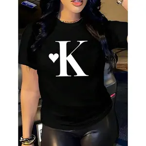 Women's Cotton Crew Neck T-Shirt - Minimalist Initial "K" with Heart Monogram Graphic Tee