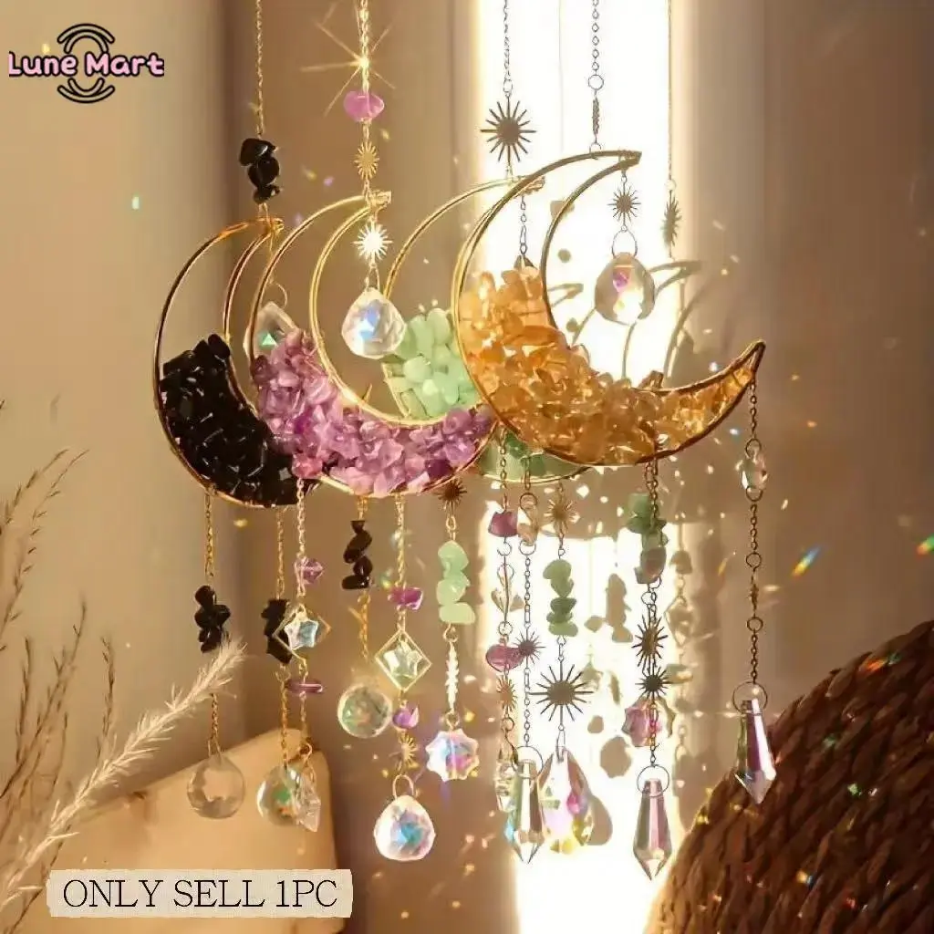 Lune Moon Crystal Sun Catcher - Decorative Hanging Metal-Coated Charm, Car Pendant, Window Decoration, Personalized Fashion Costume Jewelry Accessory, Durable Rainbow Whimsical Special Occasion Birthday Gift